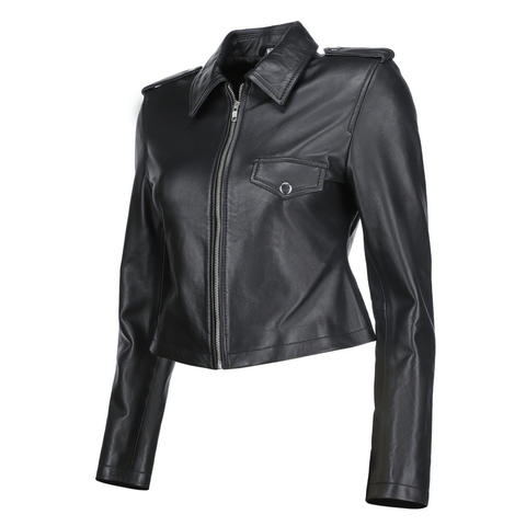Cropped Collared Leather Jacket