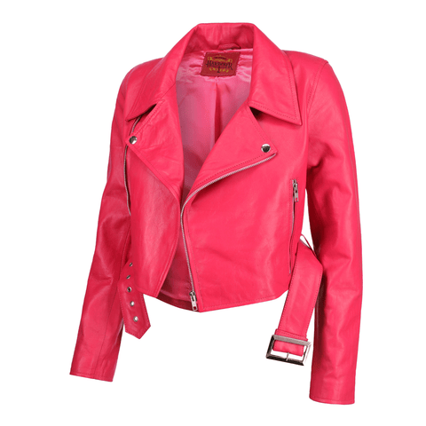 Women's Cropped Pink Biker Leather Jacket