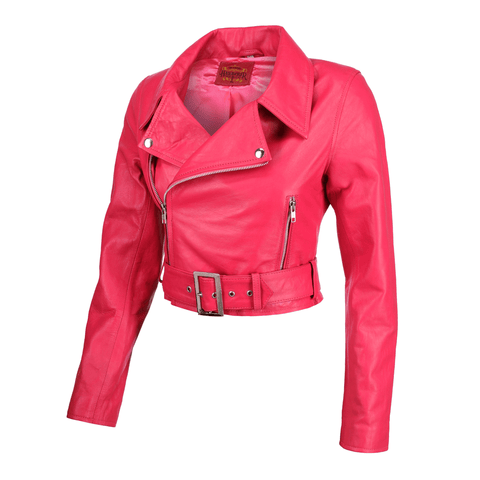 Women's Cropped Pink Biker Leather Jacket
