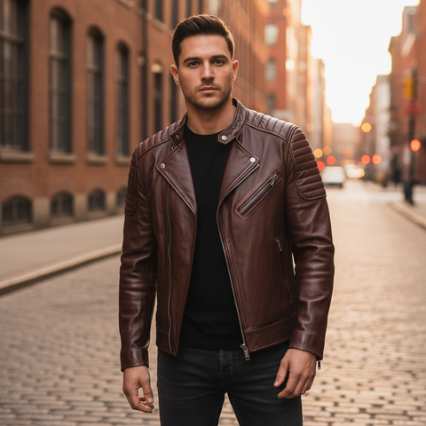 Men's Street Casual Coffee Leather Jacket