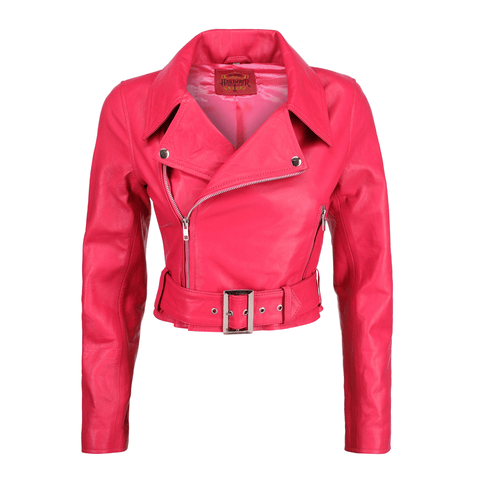 Women's Cropped Pink Biker Leather Jacket