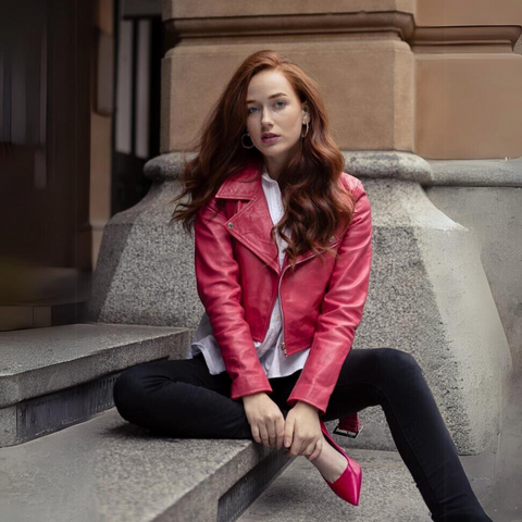 Women's Cropped Pink Biker Leather Jacket