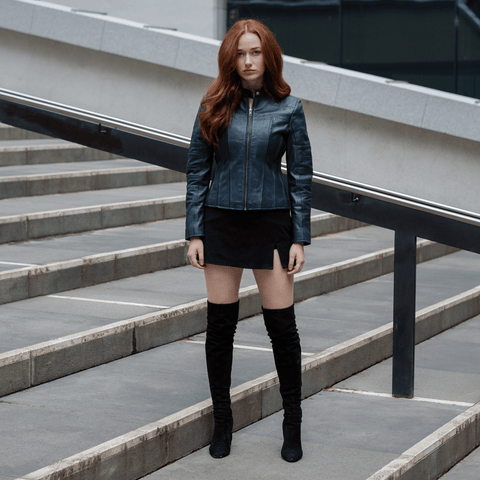 Women's Charcoal Grey Cafe Racer Leather Jacket
