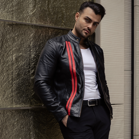Men's Classic Red Striped Biker Leather Jacket