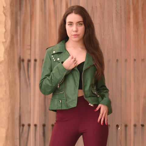 Women's Elegant Green Biker Leather Jacket