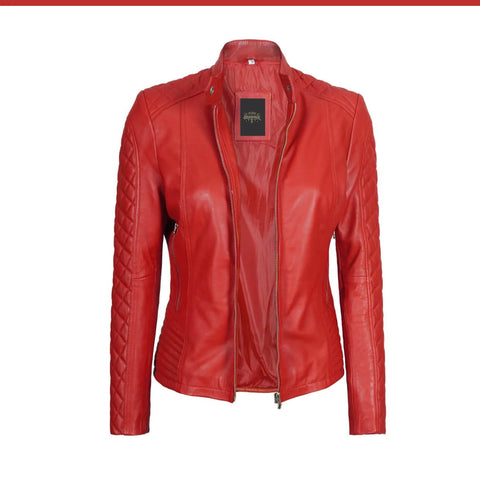 Women’s Red Quilted Racer Leather Jacket