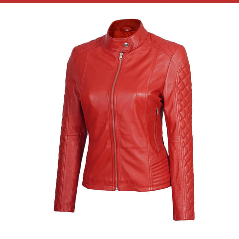 Women’s Red Quilted Racer Leather Jacket