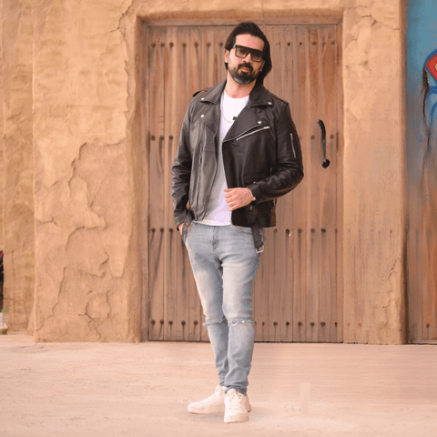Men's Black Belted Moto Leather Jacket
